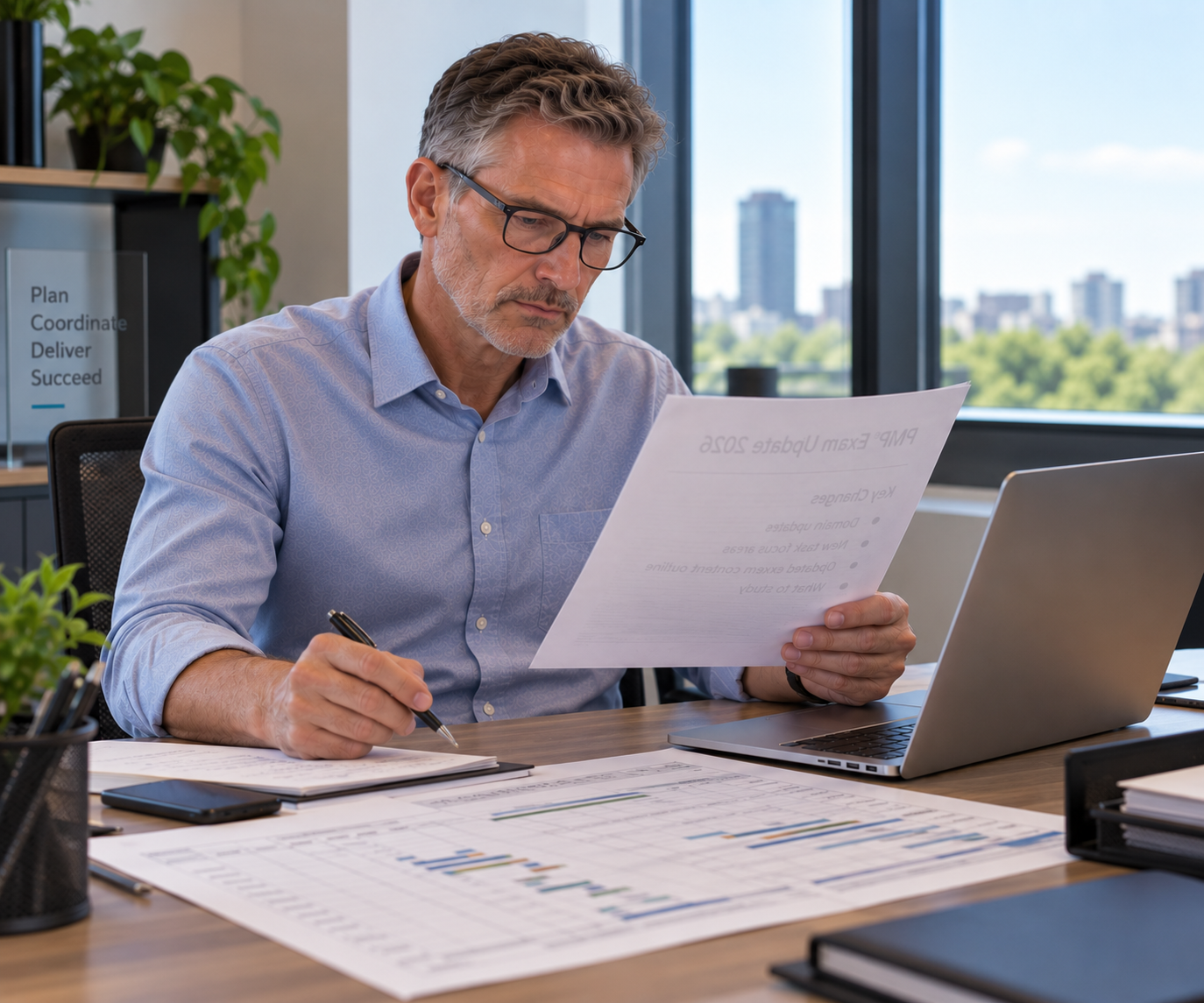 Middle-aged project management professional reviewing 2026 PMP exam updates at his desk alongside project plans and a laptop in a modern office.