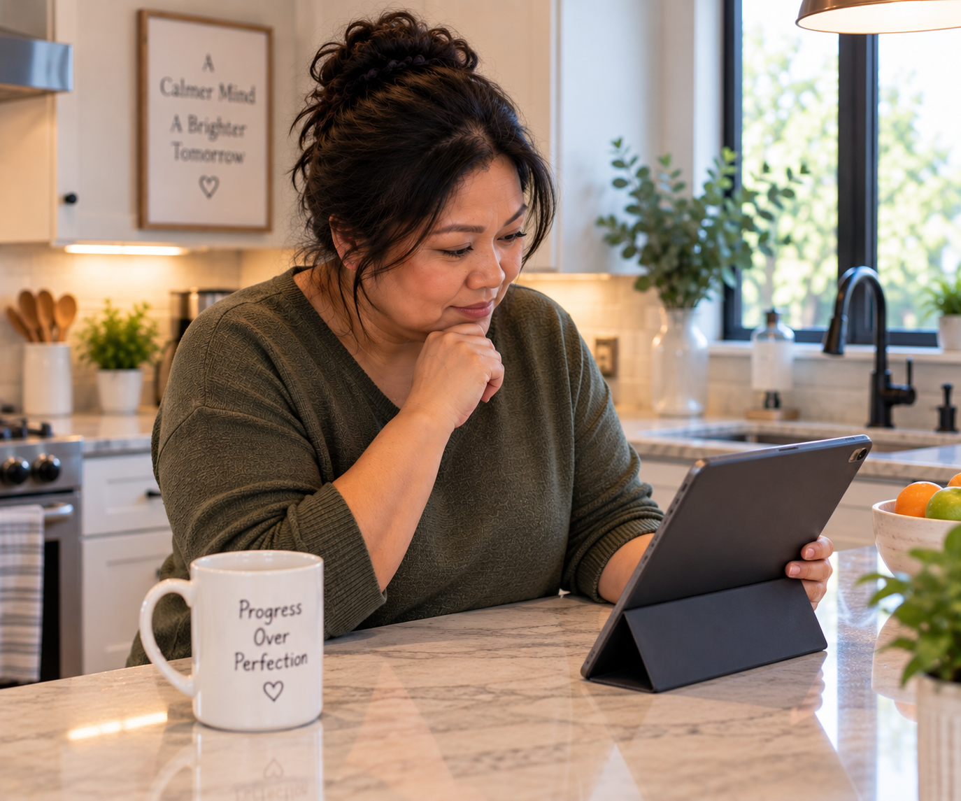 Middle-aged Asian nursing candidate reviewing a study calendar on a tablet at her kitchen island while planning a realistic NCLEX preparation timeline.