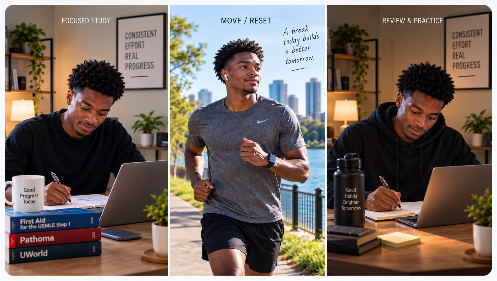 Young Black medical student preparing for USMLE Step 1, studying in the morning, taking a midday running break, and returning to focused study in the evening to illustrate a balanced, repeatable study