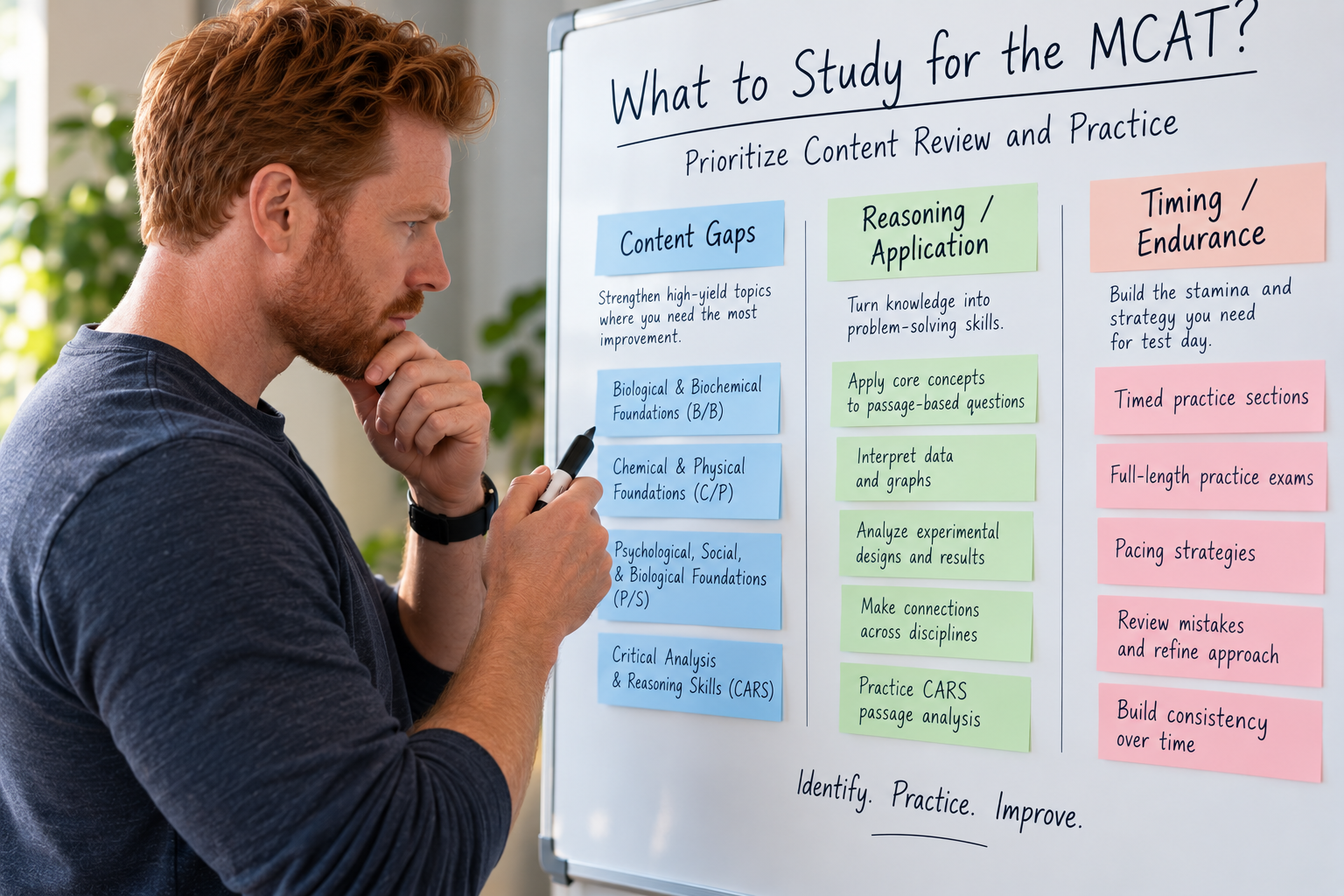 Red-haired MCAT student reviewing a priority board organized into content gaps, reasoning and application, and timing and endurance to plan focused content review and practice.